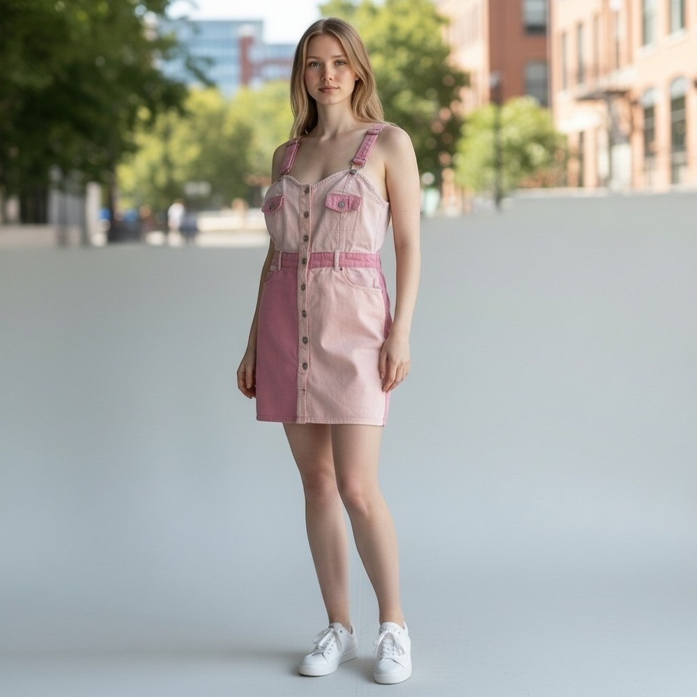 Juicy Couture Pink Denim Overall Mini Dress L Colorblock Button Front Y2K NWTG